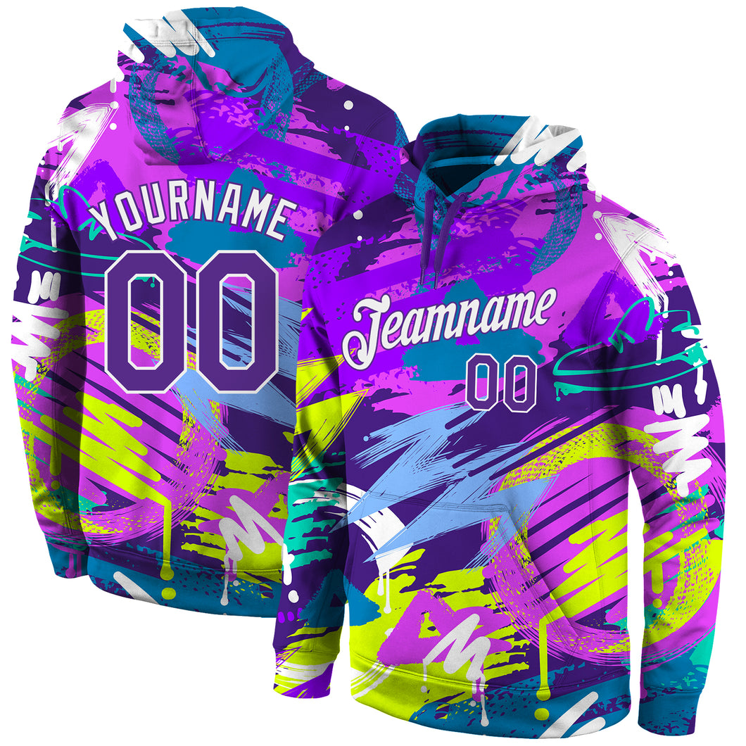 Custom Stitched Graffiti Pattern Purple-White 3D Sports Pullover Sweatshirt Hoodie