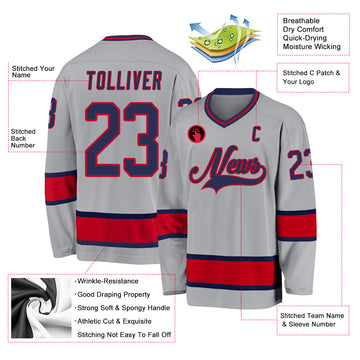 Custom Gray Navy-Red Hockey Jersey