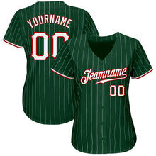 Load image into Gallery viewer, Custom Green White Pinstripe White-Red Authentic Baseball Jersey
