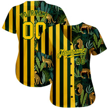 Laden Sie das Bild in den Galerie-Viewer, Custom Green Gold-Black 3D Pattern Design Leopards And Tropical Palm Leaves Authentic Baseball Jersey
