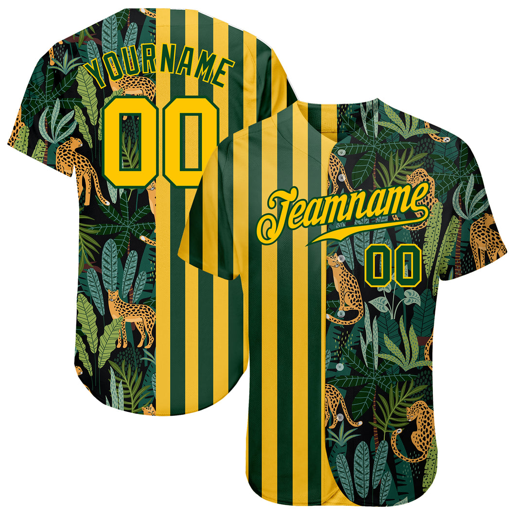 Custom Green Gold-Black 3D Pattern Design Leopards And Tropical Palm Leaves Authentic Baseball Jersey