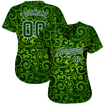 Custom Green Green-White 3D Pattern Design Authentic St. Patrick's Day Baseball Jersey