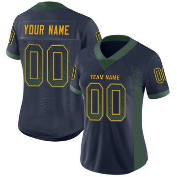 Custom Navy Green-Gold Mesh Drift Fashion Football Jersey