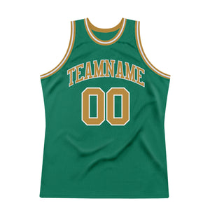 Custom Kelly Green Old Gold-White Authentic Throwback Basketball Jersey