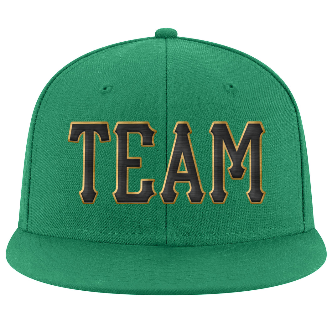 Custom Kelly Green Black-Old Gold Stitched Adjustable Snapback Hat