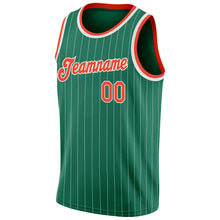 Load image into Gallery viewer, Custom Kelly Green White Pinstripe Orange-White Authentic Basketball Jersey
