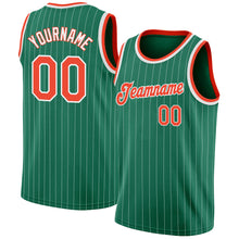 Load image into Gallery viewer, Custom Kelly Green White Pinstripe Orange-White Authentic Basketball Jersey
