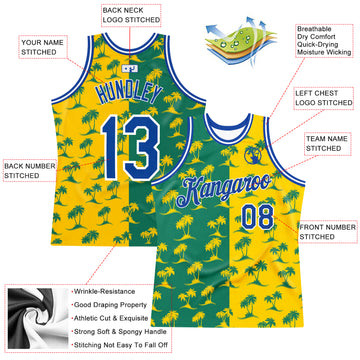 Custom Kelly Green Royal-Gold 3D Pattern Hawaii Palm Trees Authentic Basketball Jersey