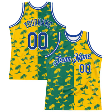 Custom Kelly Green Royal-Gold 3D Pattern Hawaii Palm Trees Authentic Basketball Jersey