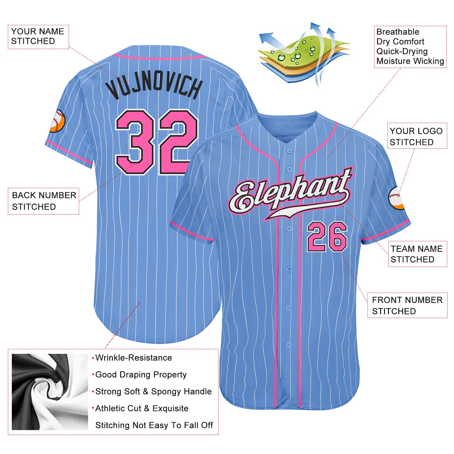 Cheap Custom Light Blue White Pinstripe Pink-Black Authentic
