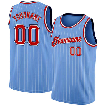 Custom Light Blue White Pinstripe Red-Navy Authentic Basketball Jersey