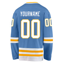 Load image into Gallery viewer, Custom Light Blue White-Gold Hockey Jersey
