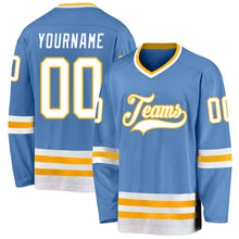 Load image into Gallery viewer, Custom Light Blue White-Gold Hockey Jersey
