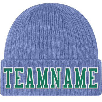 Custom Light Blue Kelly Green-White Stitched Cuffed Knit Hat