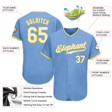 Load image into Gallery viewer, Custom Light Blue White-Gold Authentic Baseball Jersey
