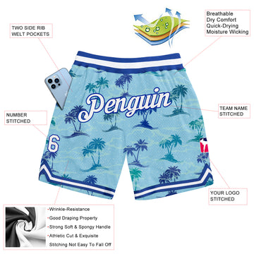 Custom Light Blue White-Royal 3D Pattern Design Palm Trees Authentic Basketball Shorts