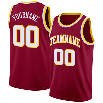 Custom Maroon White-Gold Round Neck Rib-Knit Basketball Jersey