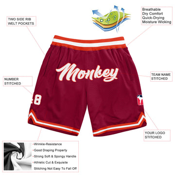 Custom Maroon White-Orange Authentic Throwback Basketball Shorts