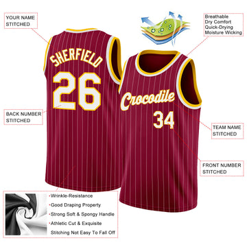 Custom Maroon White Pinstripe White-Gold Authentic Basketball Jersey