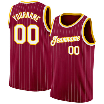 Custom Maroon White Pinstripe White-Gold Authentic Basketball Jersey