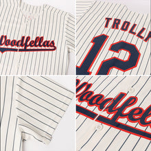 Load image into Gallery viewer, Custom Cream Navy Pinstripe Navy-Red Baseball Jersey
