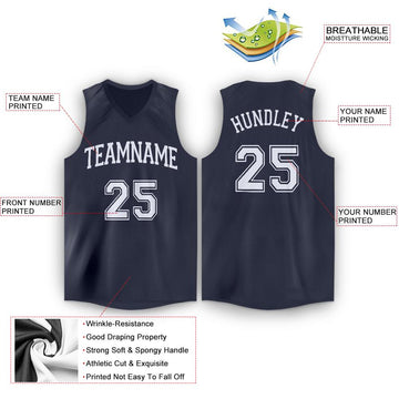 Custom Navy White V-Neck Basketball Jersey