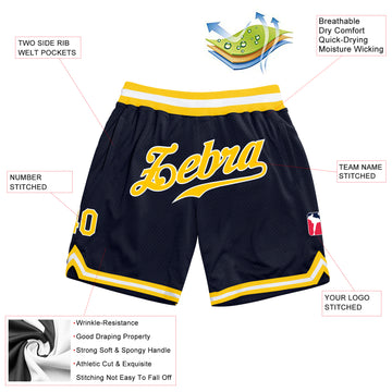 Custom Navy Gold-White Authentic Throwback Basketball Shorts