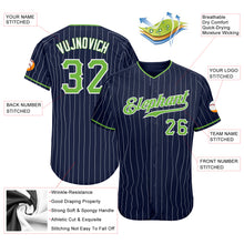 Load image into Gallery viewer, Custom Navy White Pinstripe Neon Green-White Authentic Baseball Jersey
