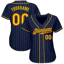 Load image into Gallery viewer, Custom Navy White Pinstripe Gold-Orange Authentic Baseball Jersey
