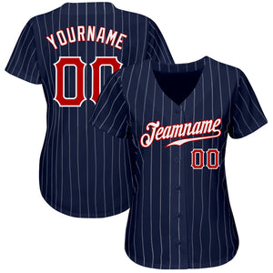 Custom Navy White Pinstripe Red-White Authentic Baseball Jersey