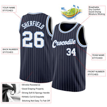 Load image into Gallery viewer, Custom Navy White Pinstripe White-Light Blue Authentic Basketball Jersey
