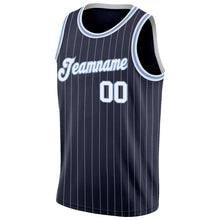 Load image into Gallery viewer, Custom Navy White Pinstripe White-Light Blue Authentic Basketball Jersey
