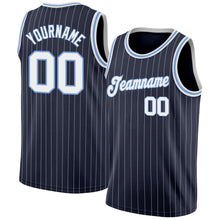 Load image into Gallery viewer, Custom Navy White Pinstripe White-Light Blue Authentic Basketball Jersey
