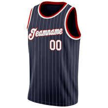 Load image into Gallery viewer, Custom Navy White Pinstripe White-Red Authentic Basketball Jersey
