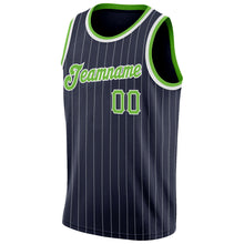 Load image into Gallery viewer, Custom Navy White Pinstripe Neon Green-White Authentic Basketball Jersey
