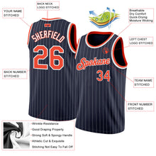 Load image into Gallery viewer, Custom Navy White Pinstripe Orange-White Authentic Basketball Jersey
