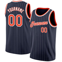 Load image into Gallery viewer, Custom Navy White Pinstripe Orange-White Authentic Basketball Jersey
