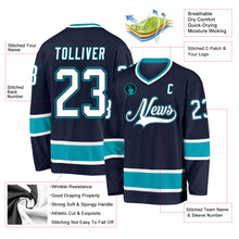 Load image into Gallery viewer, Custom Navy White-Teal Hockey Jersey
