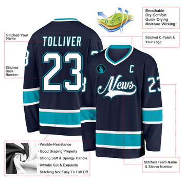 Custom Navy White-Teal Hockey Jersey