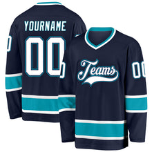 Load image into Gallery viewer, Custom Navy White-Teal Hockey Jersey
