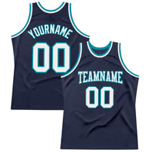 Load image into Gallery viewer, Custom Navy White-Teal Authentic Throwback Basketball Jersey
