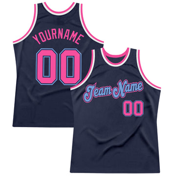 Custom Navy Pink-Light Blue Authentic Throwback Basketball Jersey