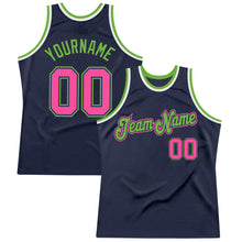 Load image into Gallery viewer, Custom Navy Pink-Neon Green Authentic Throwback Basketball Jersey
