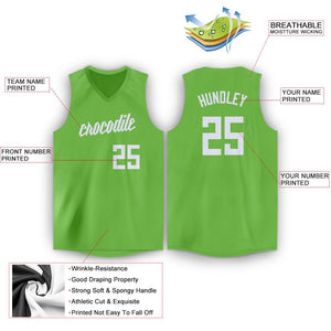 Custom Neon Green White V-Neck Basketball Jersey