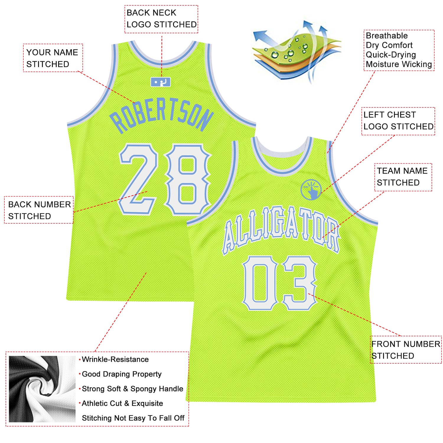 FIITG Custom Basketball Jersey Neon Green Pink-Light Blue Authentic