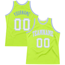 Laden Sie das Bild in den Galerie-Viewer, Custom Neon Green White-Light Blue Authentic Throwback Basketball Jersey
