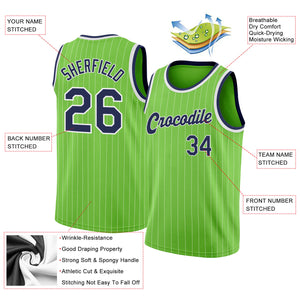 Custom Neon Green White Pinstripe Navy-White Authentic Basketball Jersey