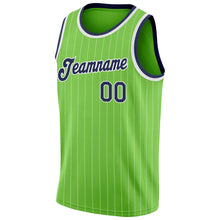 Load image into Gallery viewer, Custom Neon Green White Pinstripe Navy-White Authentic Basketball Jersey
