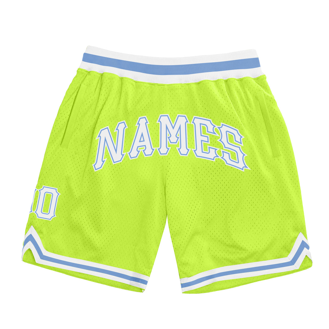 Custom Neon Green White-Light Blue Authentic Throwback Basketball Shorts