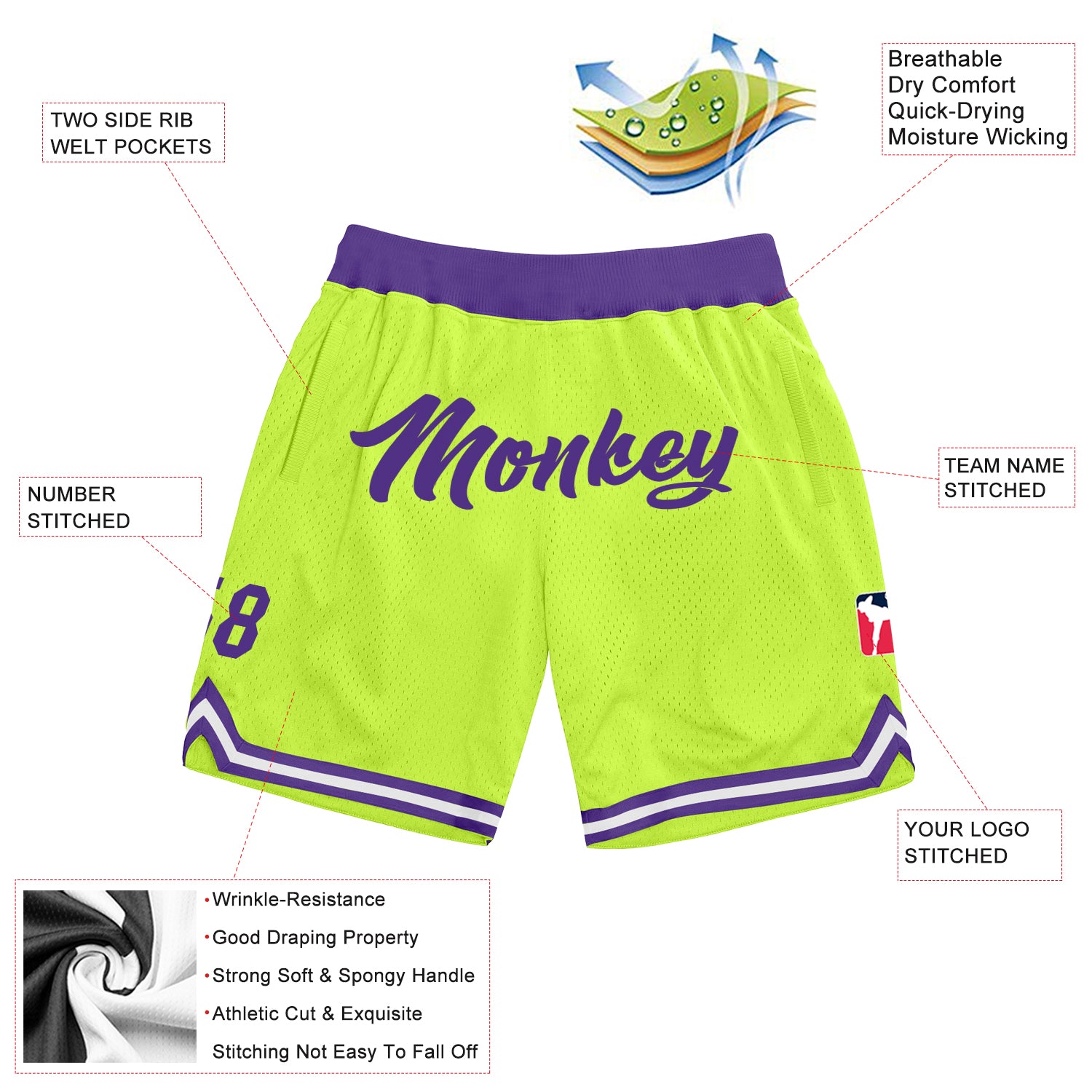 Cheap Custom Neon Green Purple-White Authentic Throwback Basketball Shorts  Free Shipping – CustomJerseysPro